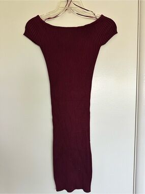 Ribbed Off-Shoulder Knit Midi Burgundy Dress